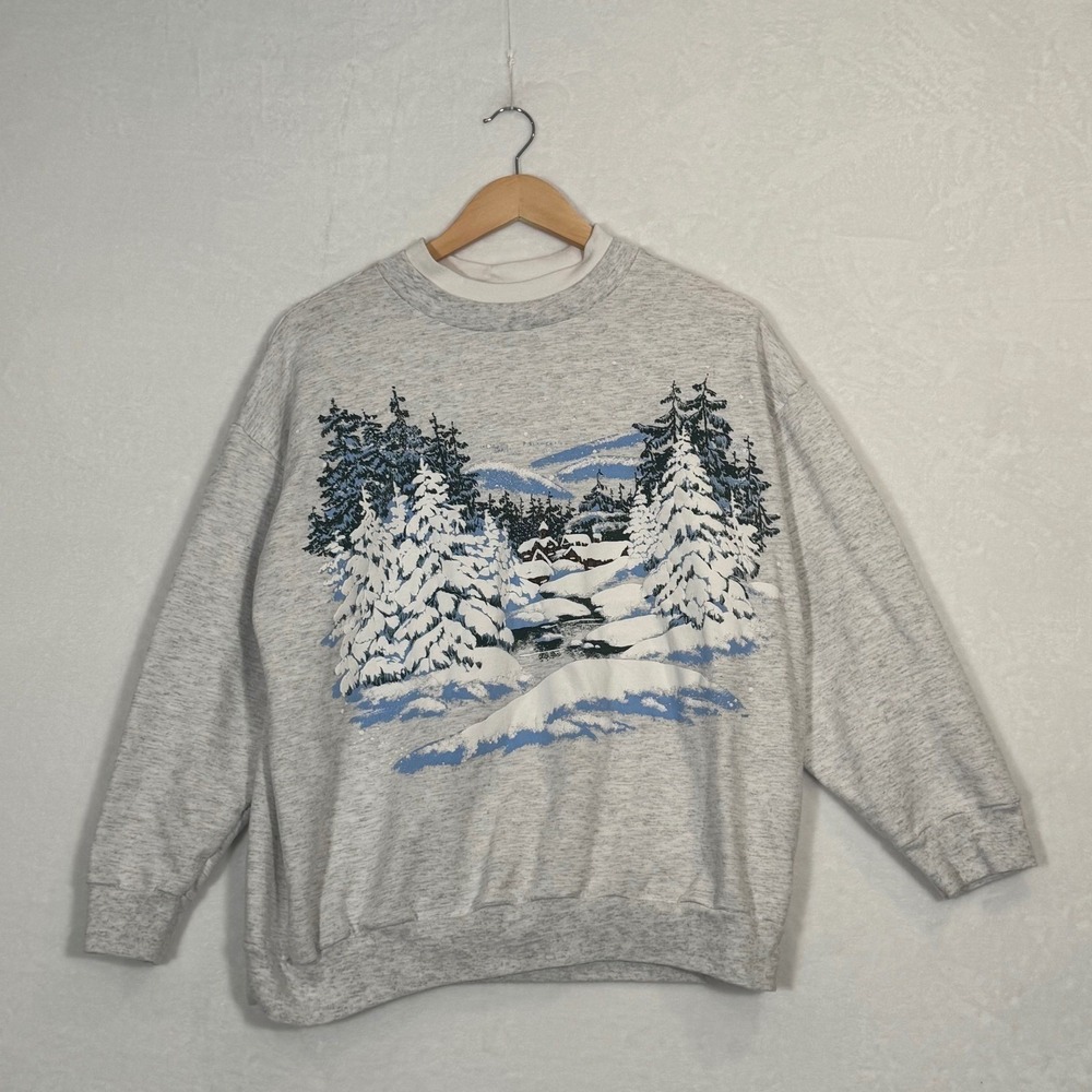 Vintage 90s NutCracker Winter Scene Graphic Sweater Gray Double Collar Size XL